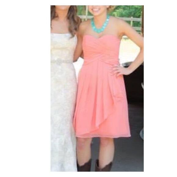 David’s Bridal Coral Strapless Chiffon Above Knee Bridesmaid’s Dress Size 0 - Picture 7 of 11